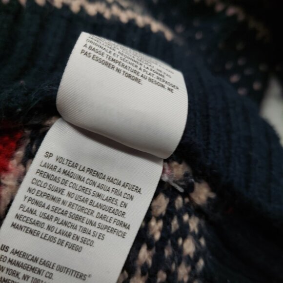 American Eagle Mens Hooded Sweater Size Medium Birdseye Fair Isle Blue Winter - Picture 11 of 11